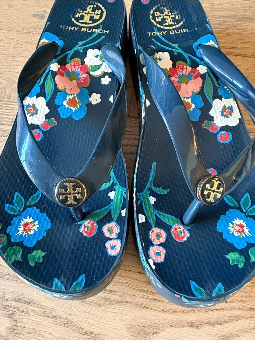 Tory Burch Navy Floral Flip Flop Sandals